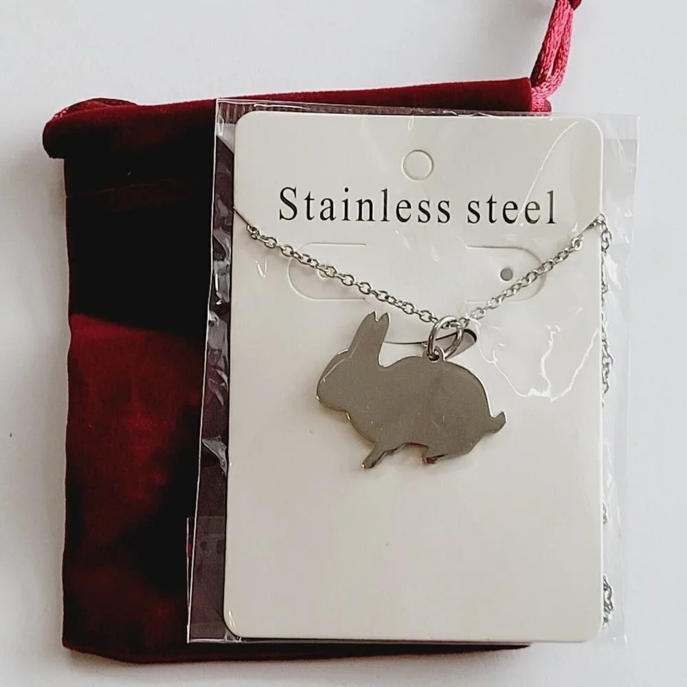 Stainless Steel 18" Necklace Solid Polished Bunny Rabbit Pendant Engraveable NEW - Picture 2 of 4